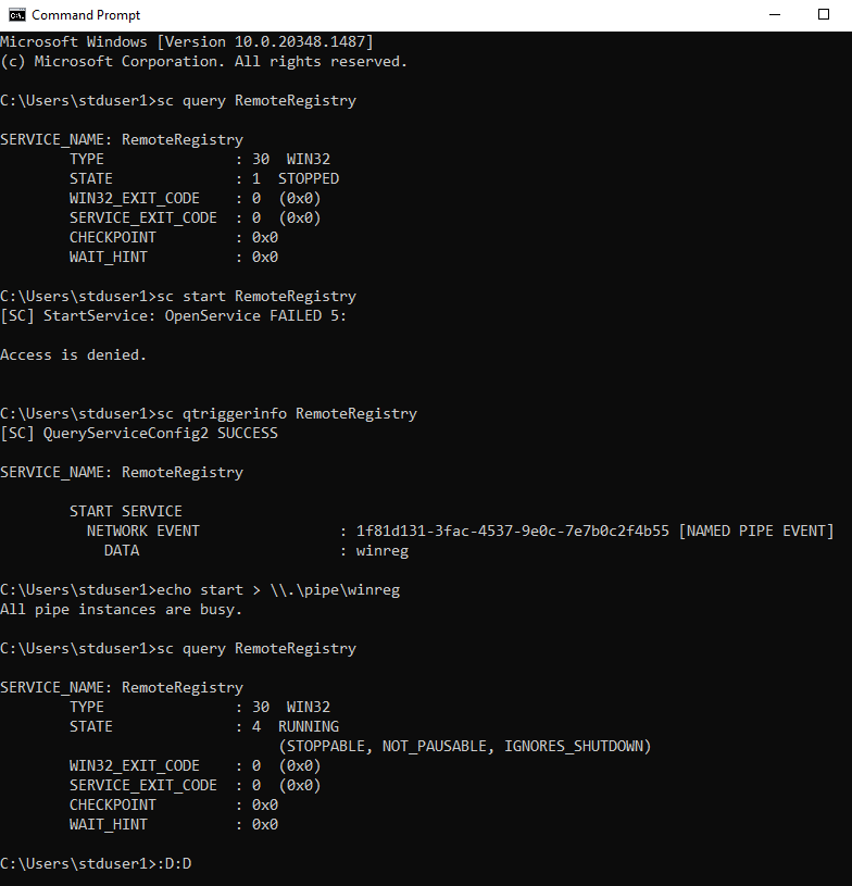 Do you want to start the RemoteRegistry service without Admin privileges? Just write into the 'winreg' named pipe 👇