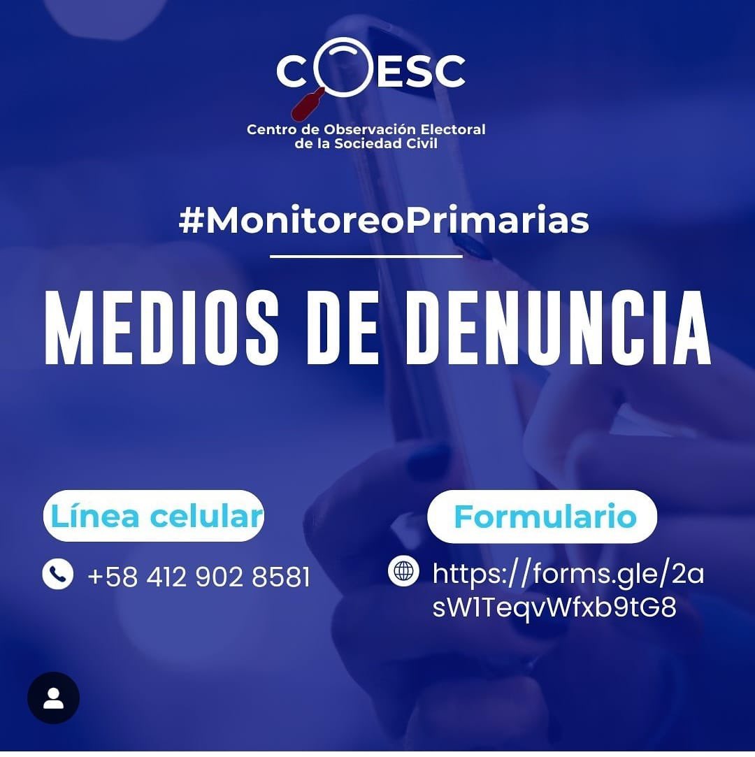 Mañana 22 de #Octubre las ONG <a href="/FundehullanVzla/">Fundehullan Vzla</a> y <a href="/movinotinto/">Movimiento Vinotinto</a> a través del #COESC desarrollaran un monitoreo al proceso de las Primarias2023. Cualquier irregularidad puede denunciarlo por estas vías.

Plaforma X al DN 
Formulario de denuncia 
Telefónos

#ObservaciónPrimarias20