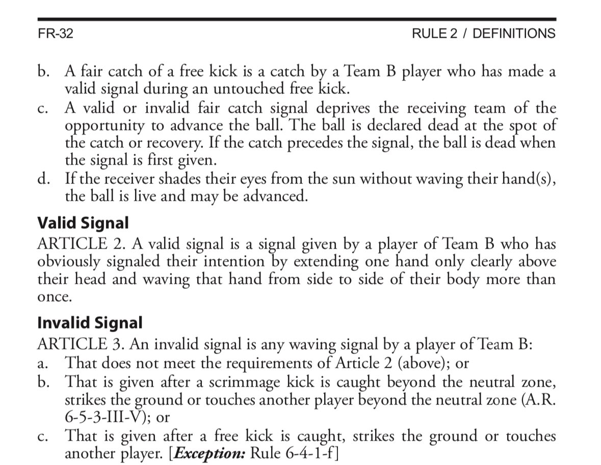 InfiniteTitan08's tweet photo. @BaileyBorn2 @iAmGendron @BenScottStevens They didn’t call it a fair catch. They called it an invalid signal. Article 3 https://t.co/f37mwXTBFP