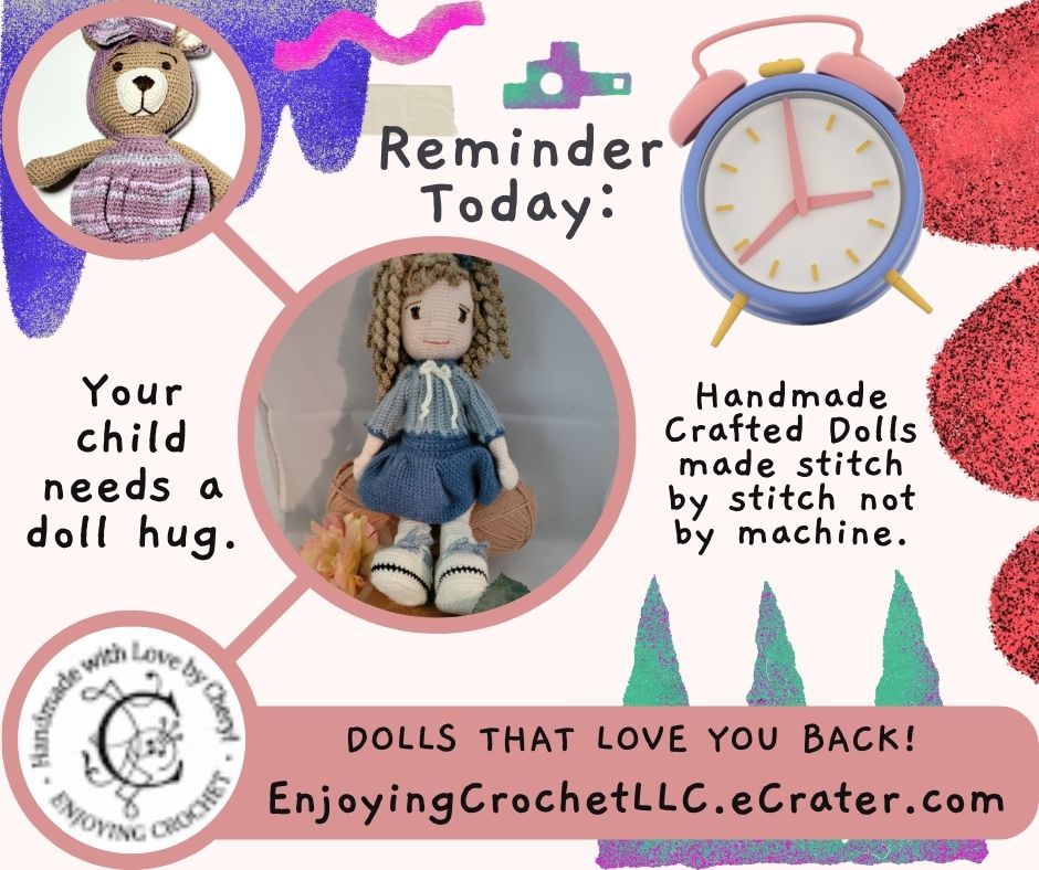 HUGS ARE IMPORTANT for all & your child Enjoying Crochet LLC creates dolls that love you back e-store EnjoyingCrochetLLC.eCrater.com Questions visit Q&A page Unique dolls crocheted in 1 piece LIKE SHARE VISIT ADOPT #crochet #crocheting #crochetdolls EMAIL... enjoyingcrochet4@gmail.com