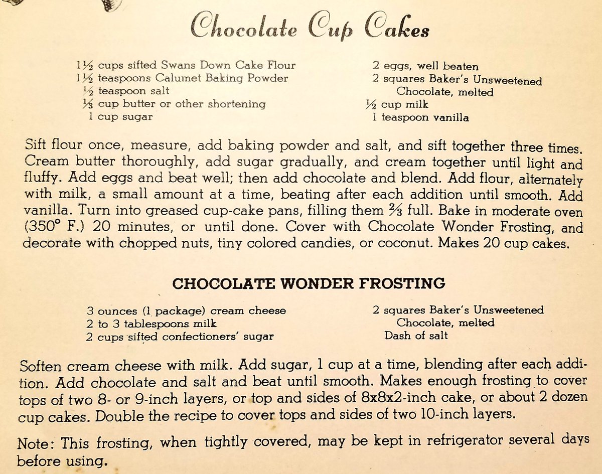 Chocolate Cup Cakes With Chocolate Frosting -- 1930s

#oldrecipe #dessert #comfortfood #1930srecipe #1930sfood #depressioneracooking #grandmafood #sugar #cakeflour 
#eggs #creamcheese #cupcakes 
#chocolatecupcakes #frosting 
#chocolatefrosting #bakingpowder #vanilla 
#sugar #salt