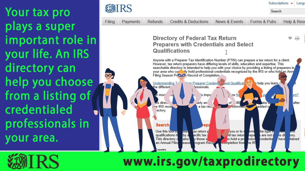 IRSsmallbiz's tweet photo. Use an #IRS tool to research #TaxPros near you or to determine the type of credentials or qualifications held by a specific tax professional. See https://t.co/kzWmH4u53b https://t.co/6KJOekr7p1