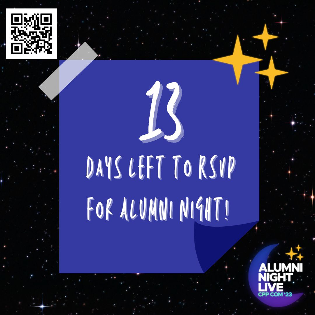 cppeventsplan's tweet image. 13 DAYS LEFT 📆 til the BEST alumni night ever! 🎉
Are we seeing you there? 🥳
Scan the QR code or visit us here:
🎟️ ow.ly/hTYG50PYPFf
#CPPAlumniNight #CPP #calpolypomona #cppalumni
