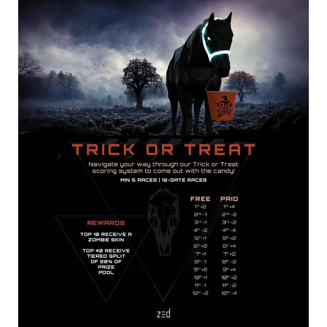 🎃 ‘Trick or Treat’ Challenge Starts Now! 🎃

The first of the Day of the ZED racing challenges are now underway!

Race now: zed.run/racing/events  

(The ‘Undead Horses’ challenge also starts now!)