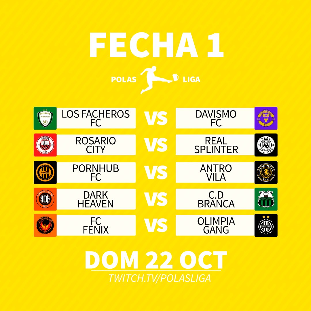 🅰️ ¡VUELVE LA PRIMERA CATEGORIA! ¡LA MAXIMA DIVISIÓN EMPIEZA MAÑANA!

ℹ️ Regresa la #PolasLigaA, con partidazos de nivel y debuts.

📅 Domingo, 22 de octubre
⏰ 16hrs🇨🇴 18hrs🇦🇷 23hrs🇪🇸
📺 twitch.tv/polasliga