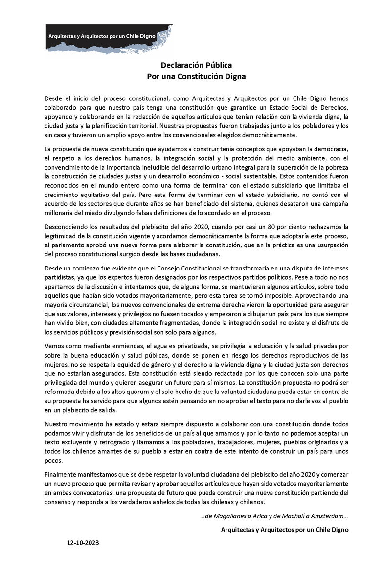 Ni el derecho a la Vivienda Digna ni el derecho a la Ciudad Justa están garantizados en la propuesta constitucional, por lo cual llamamos a estar EN CONTRA ¡¡