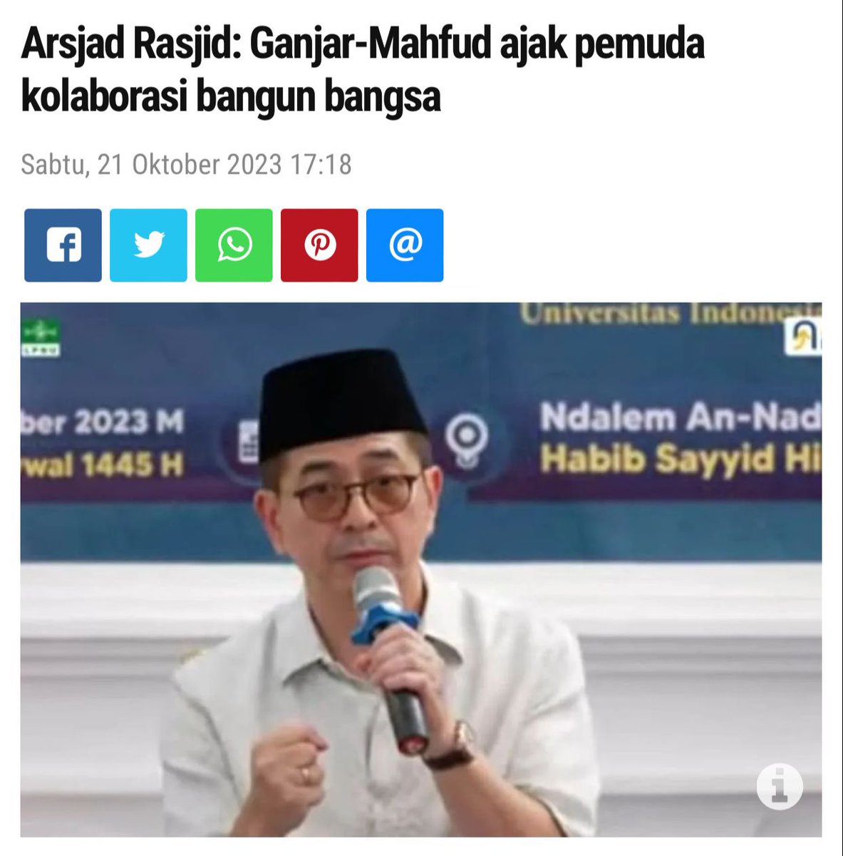 Ketua TPN GP, Arsjad Rasjid : Pasangan Capres-Cawapres Ganjar Pranowo-Mahfud MD merupakan sosok yang menjadikan anak muda sebagai rekan dalam membangun Indonesia.

Hal tersebut amat nyata dalam komitmen dan track record dua calon pemimpin Indonesia yaitu Ganjar-Mahfud