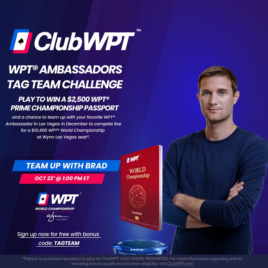 ClubWPT's tweet photo. Play in our satellites TODAY for a chance to qualify for the Online Sit & Go Qualifier Final on Oct 29 where you could get a chance to team up with either @LynnGilmartin @TheBradOwen or @SavagePoker in the live #TagTeamChallenge
🔗 https://t.co/X0ezdXjury
*No Purchase Necessary https://t.co/Q62q2vO4R0