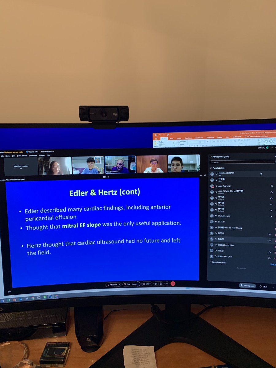 JLindnerMD's tweet image. I can’t express how proud I am of my @ASE360 Mentorship Program mentee Joan Lin, DVM.  She organized Taiwan’s first Vet Echo program which includes 4 former ASE presidents among the on line faculty. 265 ATTENDEES!! Pearlman on now. Me, Hung, Klein on deck. Vets rock!🐈🐕🦧🦭