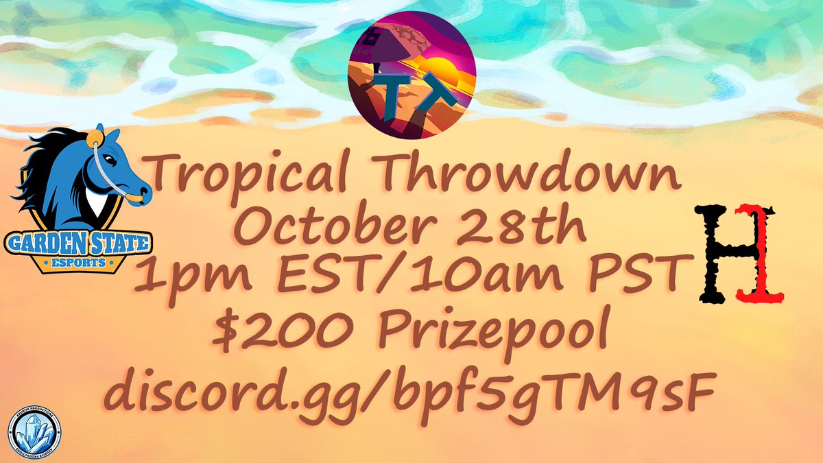 We're only one week away from Tropical Throwdown 7! Come and join us on October 28th at 1pm EST for the tournament! We have a $200 prize pool for this event sponsored by <a href="/GSEsportsorg/">Garden State Esports</a> that is split between the top 3 teams!
Sign up here: battlefy.com/azurite-produc…