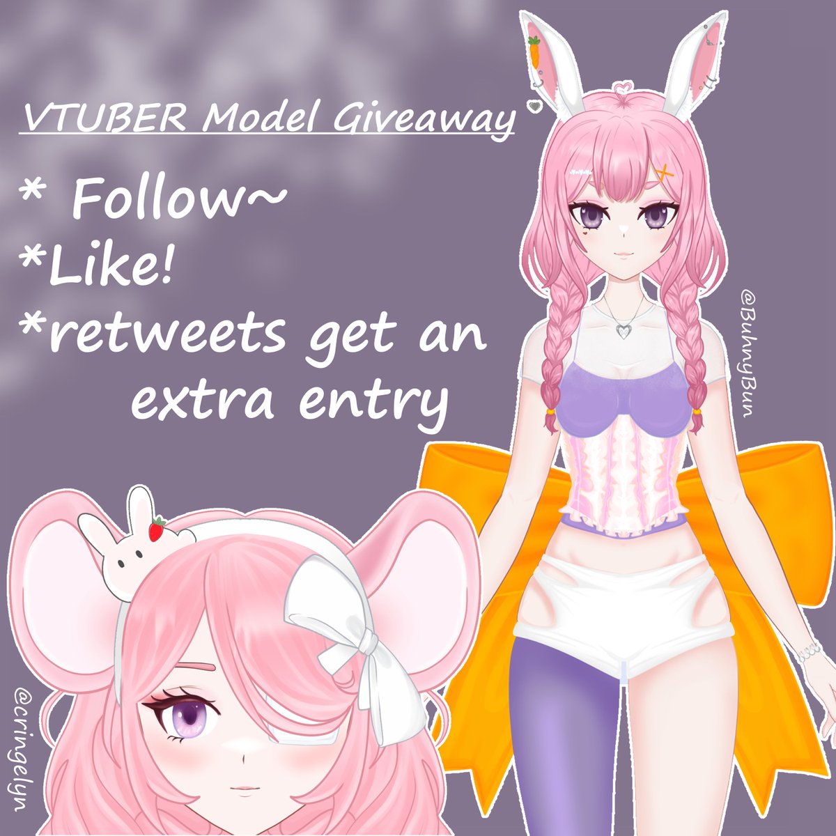 BuhnyBuns's tweet image. Here it is!!! FULLY DRAWN AND RIGGED VTUBER MODEL GIVEAWAY!!
Rules:
Like this post!
Follow me!
retweet for an extra entry &amp;lt;3
comment what your vtuber would be! *must comment*
I can make you a vtuber from scratch or use your reference! 
*full body 2D vtuber, 3 toggles/expressions,
