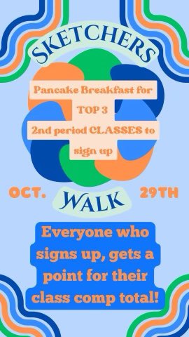 Help us reach our Skechers Walk goal of 325 walkers! 

Every walker you sign up earns class comp points for your grade! 

The top three 2nd period classes will earn a pancake breakfast served by our admin team! 

Who will earn the top spot for their class?
shorturl.at/yBIL5