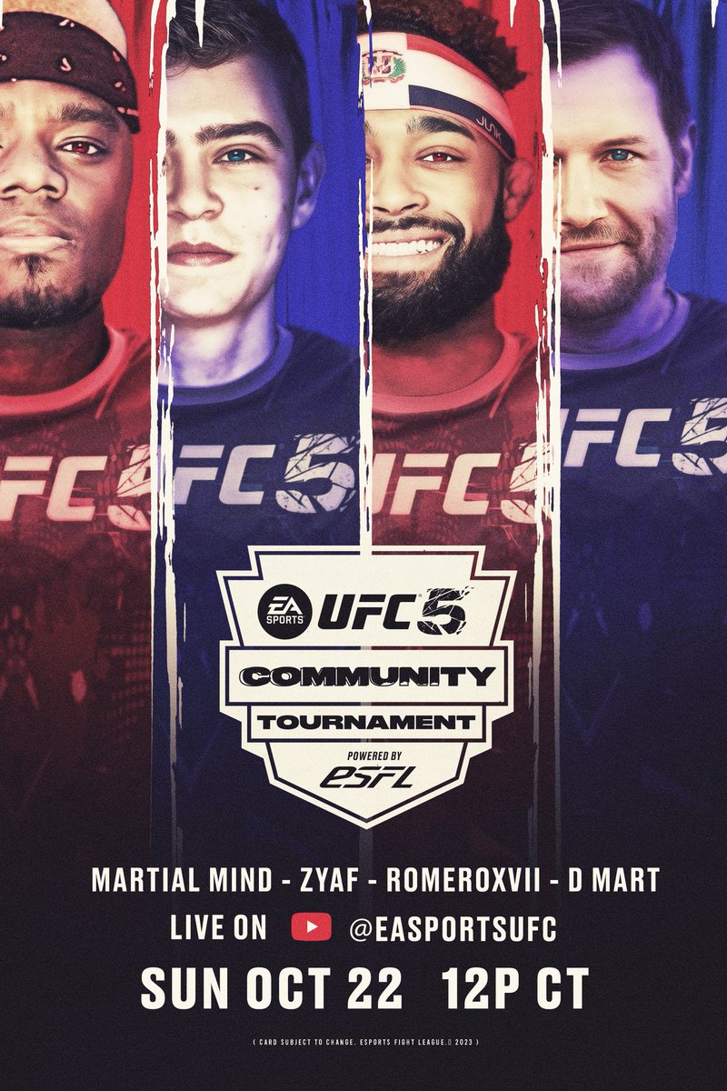 ESFLGaming's tweet image. IT'S GOING DOWN!! 👊

@EASPORTSUFC 5 Community Tournament 🏆

@MartialMind1 @ZyafYT @ARomeroXVII @DmartGaming 

🔴 LIVE: Sunday Oct 22 | 12P CT