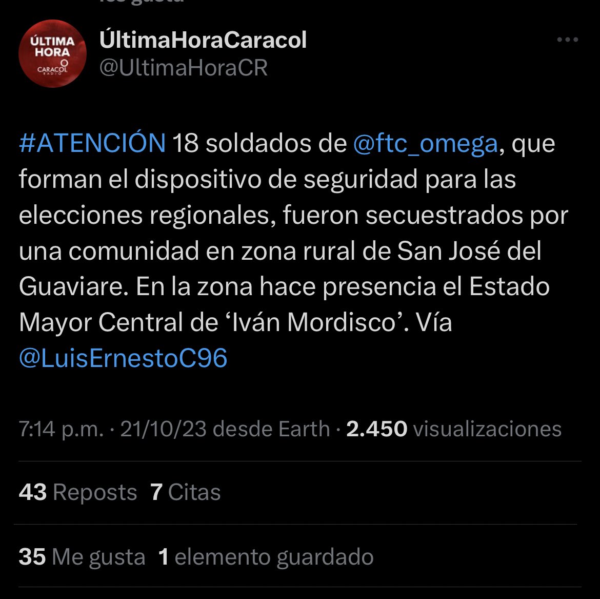 dmarcordoba's tweet photo. El resultado del cese bilateral con los terroristas de las FARC que se disfrazan de campesinos. 

La Fuerza Pública humillada por crimínales. https://t.co/CFIHEgLFi0