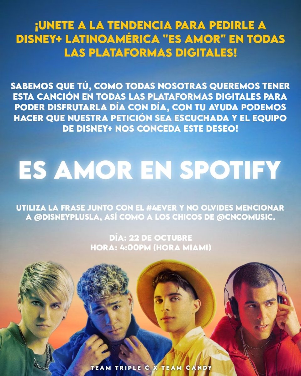 Hola!!! Queremos invitarlas a esta dinámica para pedir "Es Amor" a Disney+ Latinoamérica en todas las plataformas digitales, si nos movemos ellos verán que queremos esta canción y probablemente la suban a todos lados para así poder disfrutarla todos los días!!! ❤💛💚💙

#4Ever