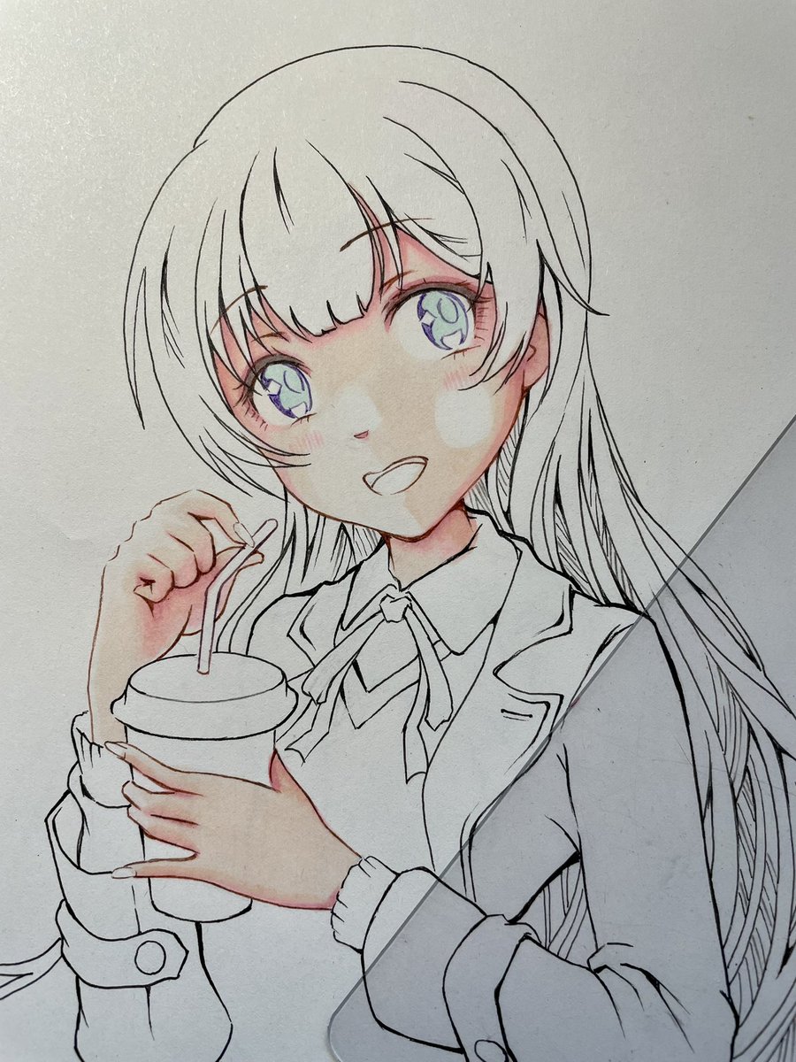 「塗ってました  この絵では髪の塗り方の練習に重点を置きたかったので、その前提で線」|おかめのイラスト