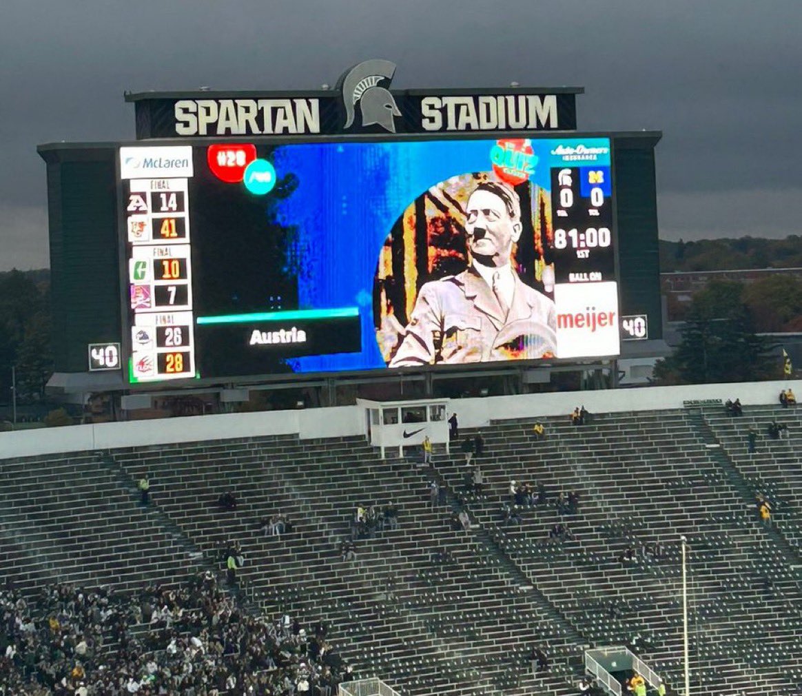 NFL_DovKleiman's tweet photo. There is no way anyone really thought this was a good idea??

Michigan State did an in-game trivia question asking fans what country Hitler was born in

(h/t @RedditCFB) 

https://t.co/aQ7J2FffZZ https://t.co/aDNoHO06CL
