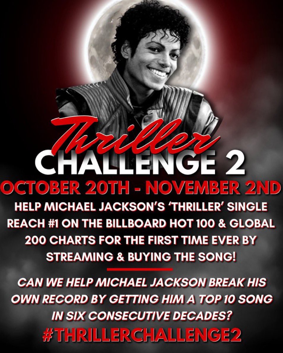 tajjackson3's tweet photo. Buy the Thriller single, stream the Thriller single, and call your radio stations and ask them to play Thriller.  If Thriller hits the top ten, Michael will be the ONLY artist in history to have a top ten hit in six different decades. #ThrillerChallenge2 https://t.co/KKMATXjrsu