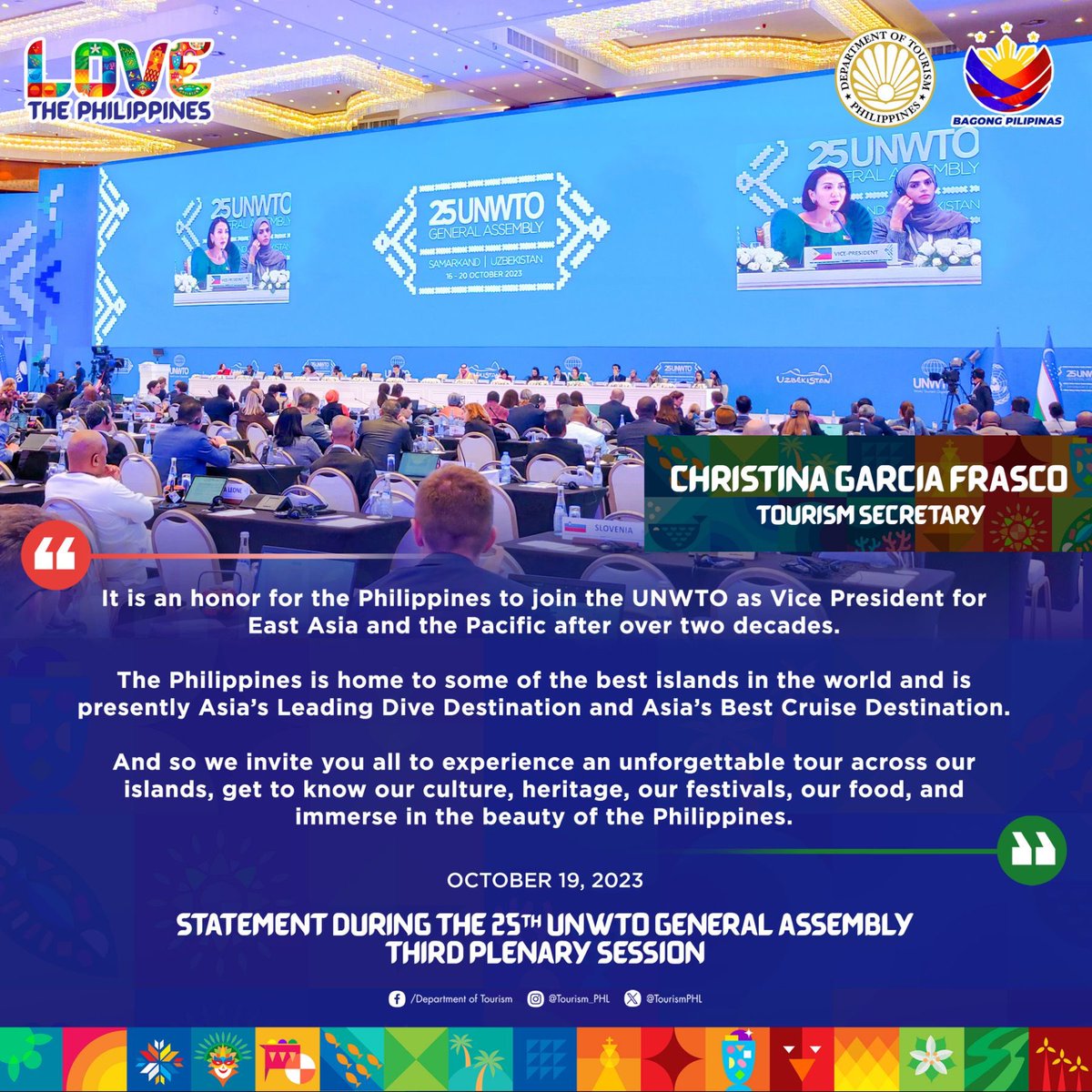 𝗦𝗧𝗔𝗧𝗘𝗠𝗘𝗡𝗧 𝗢𝗙 𝗦𝗘𝗖𝗥𝗘𝗧𝗔𝗥𝗬 𝗖𝗛𝗥𝗜𝗦𝗧𝗜𝗡𝗔 𝗚𝗔𝗥𝗖𝗜𝗔 𝗙𝗥𝗔𝗦𝗖𝗢 𝗗𝗨𝗥𝗜𝗡𝗚 𝗧𝗛𝗘 𝟮𝟱𝗧𝗛 𝗨𝗡𝗪𝗧𝗢 𝗚𝗘𝗡𝗘𝗥𝗔𝗟 𝗔𝗦𝗦𝗘𝗠𝗕𝗟𝗬 

#25UNWTOGA #LoveThePhilippines #BagongPilipinas #UNWTOGA