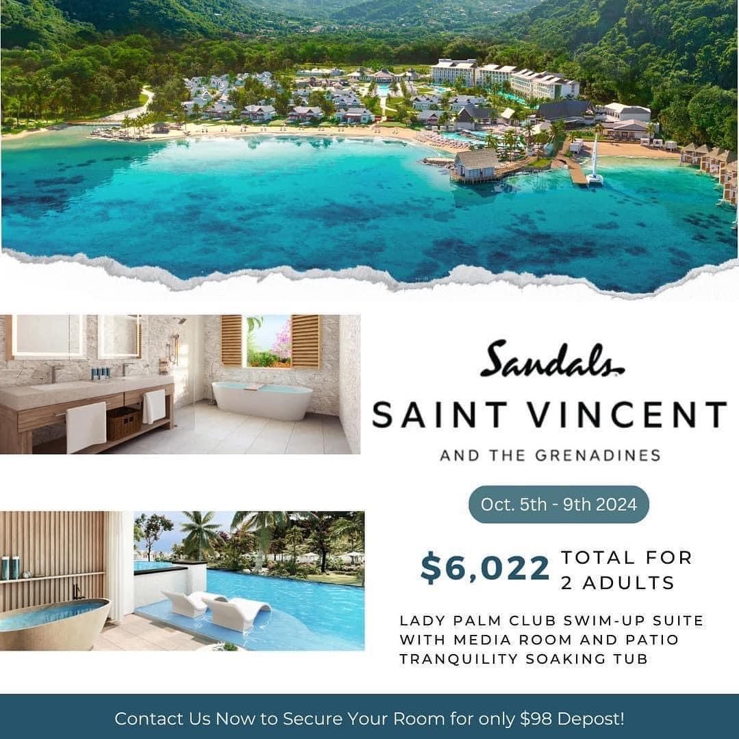 Come Experience the New All-inclusive #Sandals Resort in St. Vincent - Opening March, 2024!

*Price does not include airfare
*Price subject to change depending on availability 

708.362.0575
sdunn@sparkofmagictravel.com

#TravelWithStacySpark  #adultsonlyresort #allinclusive