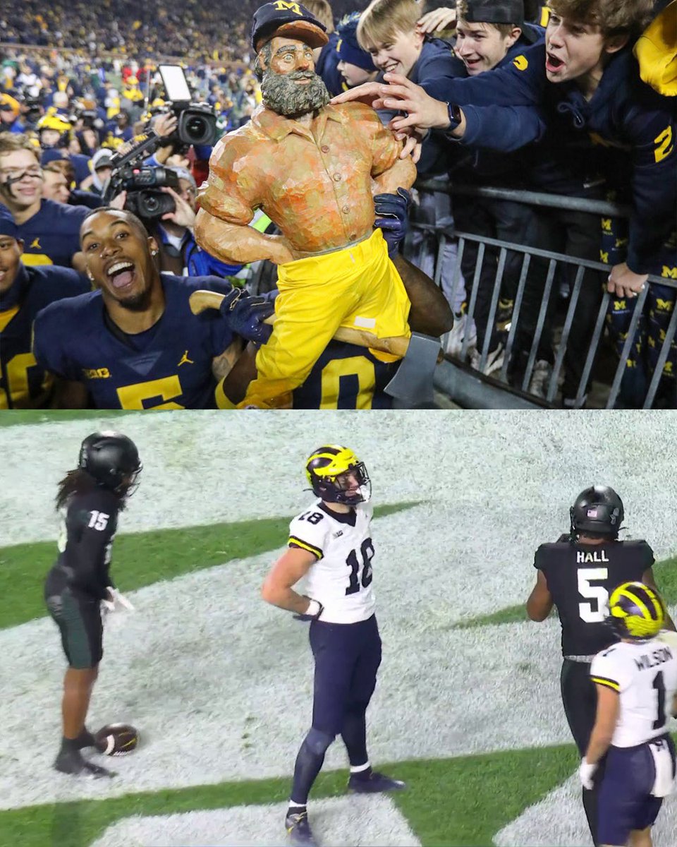 NBCSports's tweet photo. Colston Loveland with the Paul Bunyan TD celly. 😅 https://t.co/oRLC0ZjW8T