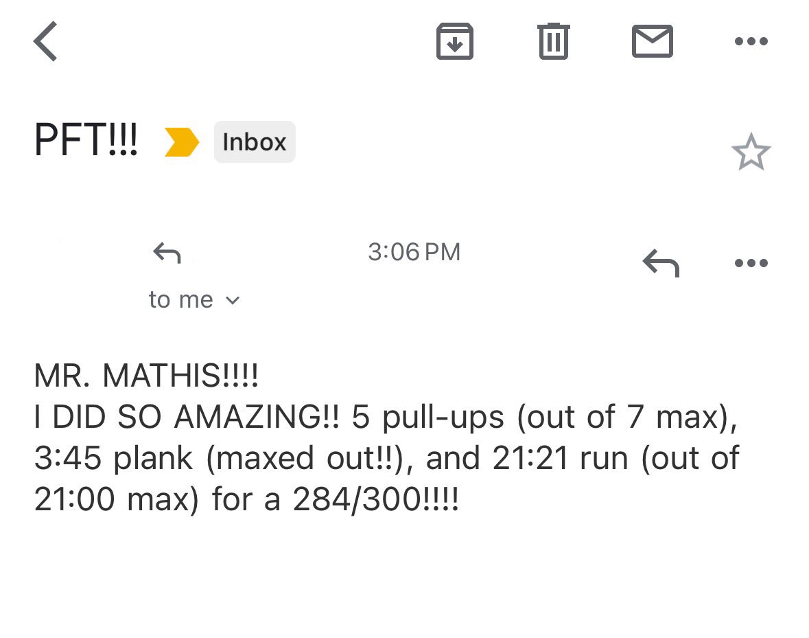CoachJayMathis's tweet image. Emails like this make me a happy teacher! Been encouraging and mentoring this young person for weeks leading up to testing day today and they KILLED it! Now if I can just convince them to go Navy!