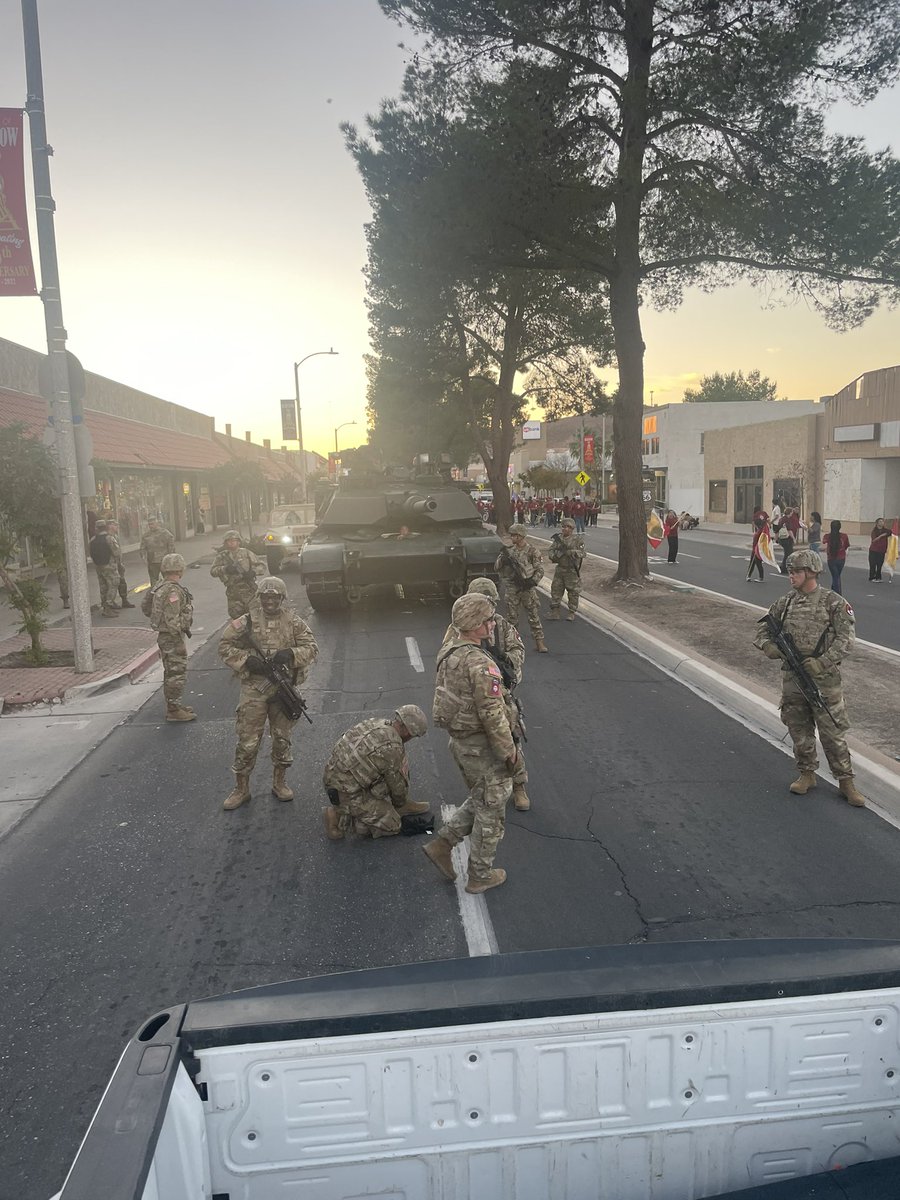 70thRCO's tweet photo. ALLONS! All lined up for the Barstow Mardi Gras parade. Nearly showtime. Our HCD Color Guard will lead the parade. BLACKHORSE! @11ArmoredCavReg @NTC_UPDATE https://t.co/GFpKmShBZO