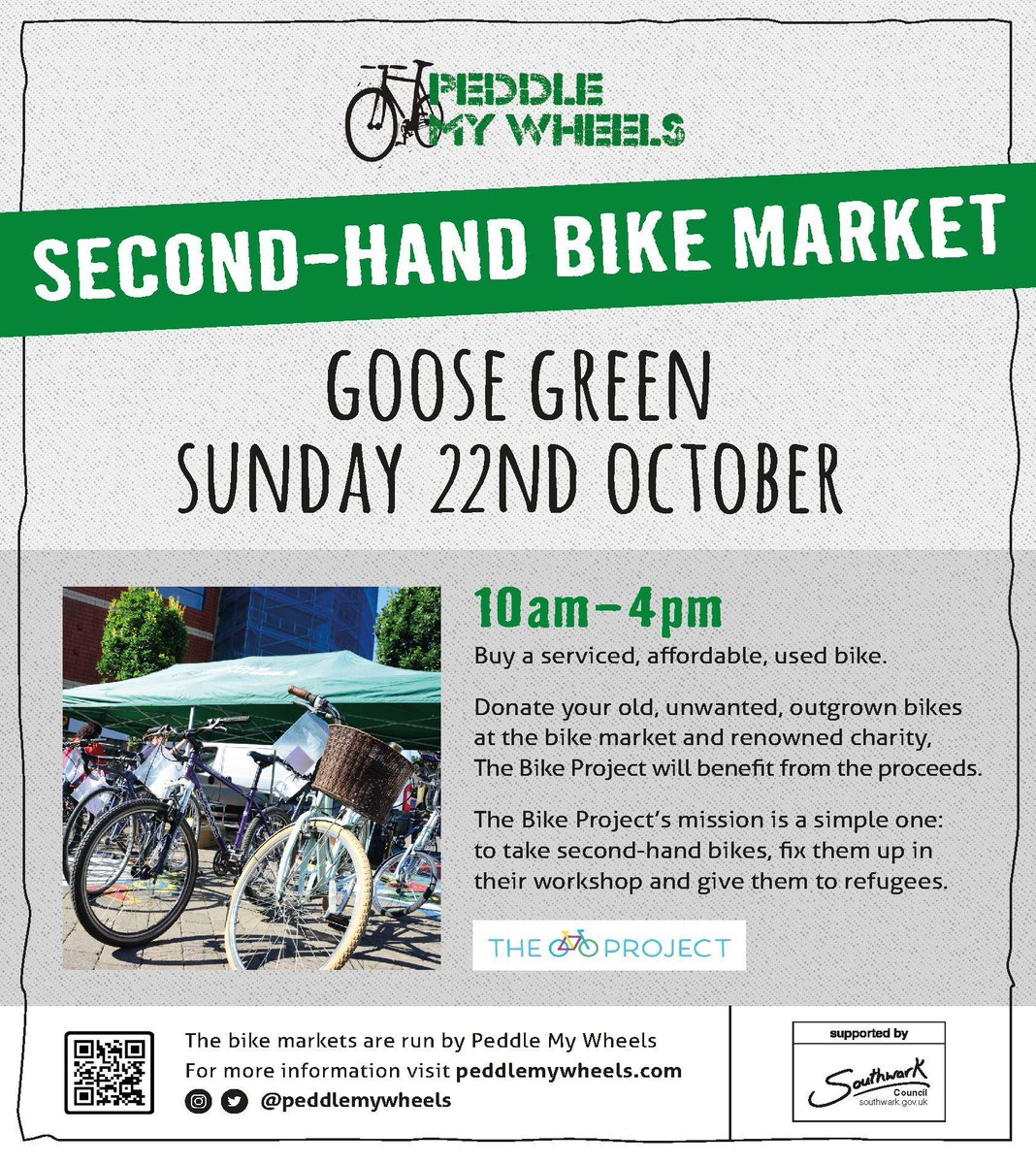 peddlemywheels's tweet photo. SECOND-HAND BIKE MARKET - TODAY
Goose Green - come along between 10am - 4pm.
Buy a serviced, used bike at affordable prices. @The_BikeProject @lb_southwark
#activetravel #cycling #environment #southwark #thebikeproject #recycle #bike #usedbike https://t.co/X4zXYFuN32