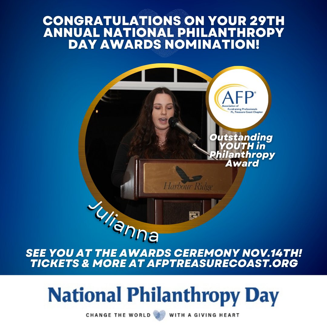 AFP_TC's tweet photo. 𝗖𝗢𝗡𝗚𝗥𝗔𝗧𝗨𝗟𝗔𝗧𝗜𝗢𝗡𝗦! to Julianna on your 29th Annual National Philanthropy Day Awards Nominations for Outstanding YOUTH in Philanthropy Award!🏆✨ https://t.co/B2Ac7ZInWR