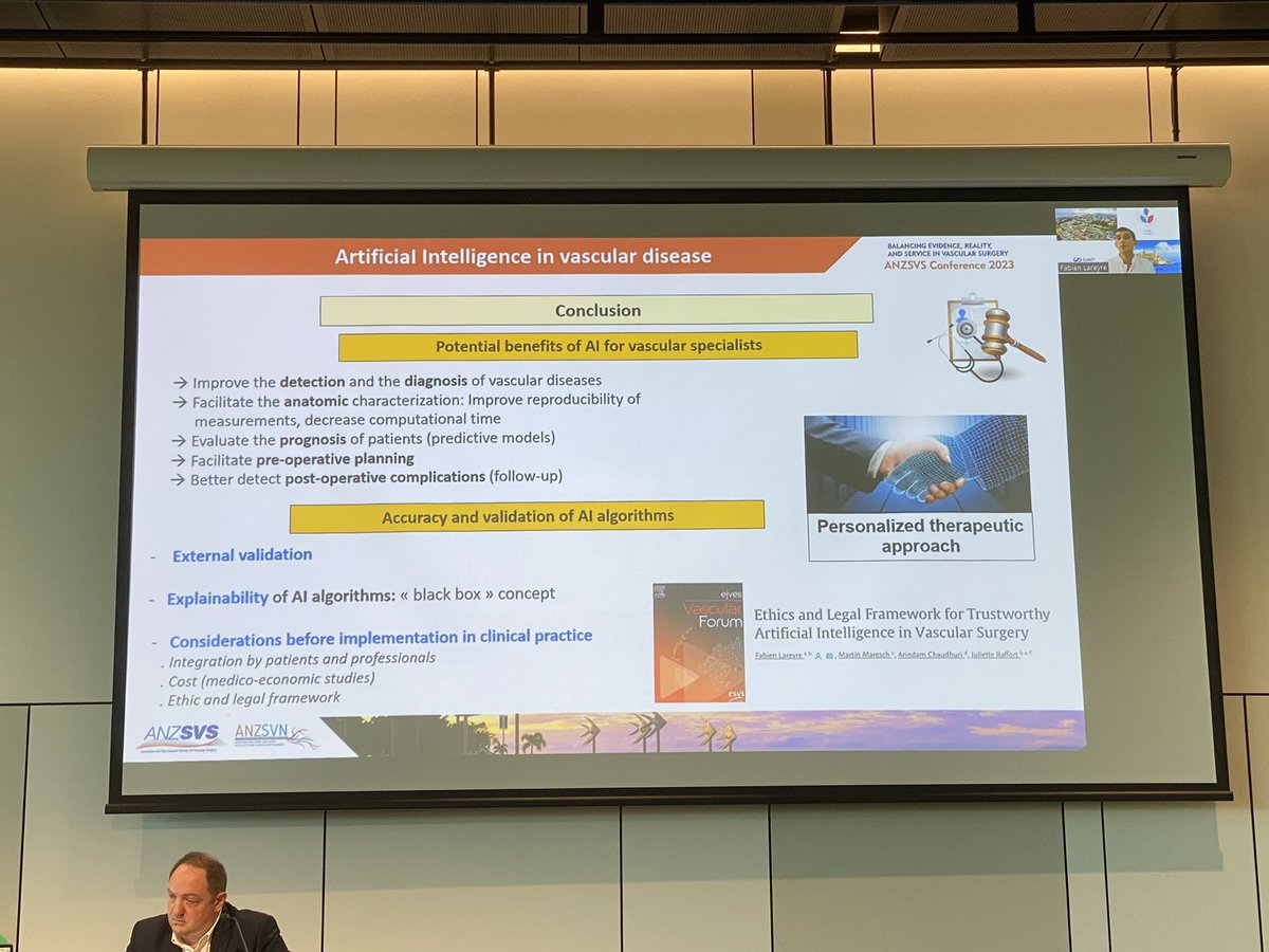 ozvascdoc's tweet photo. He sees applications based on published literature as:
- predictive tools for clinical prognosis eg rupture/endoleak based on big data
- image analysis for diagnosis, device design/training
- natural language processing to improve EMR entry, collection of clinical data #ANZSVS23 https://t.co/3NEOU3t3FO