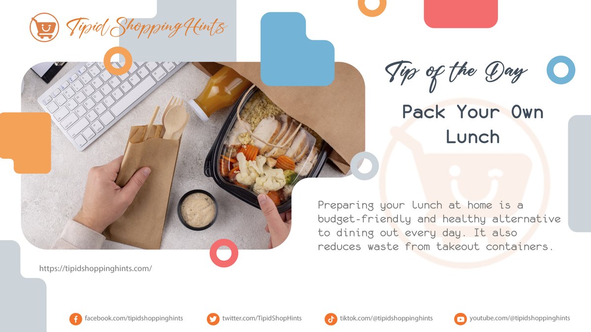 💡 Tip of the Day: Pack Your Own Lunch 🍱💼

Preparing your lunch at home is a budget-friendly and healthy alternative to dining out every day. It also reduces waste from takeout containers. 💬🥪💰

#TipidShoppingHints #HomemadeLunch #SaveMoney #HealthyEating