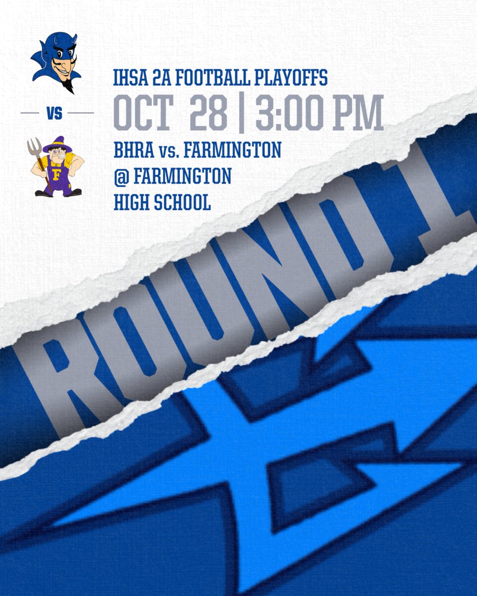 IHSA 2A FOOTBALL PLAYOFFS

BHRA vs. Farmington
Saturday, October 28th 
@ Farmington HS
3:00 PM Kickoff

Go Blue Devils!