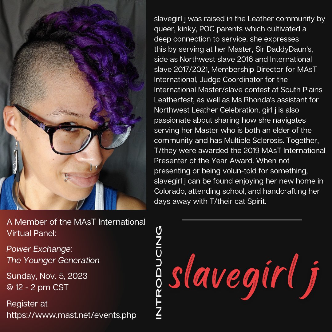 MAsT_Intl's tweet photo. slavegirl j is joining us on Nov. 5 from 12-2 pm CST. (AFTER Daylight Savings Time Ends!) Register and ask a question of at https://t.co/t9o4qTeP1V #bdsmrelationship #ddlgcomunity #leather #sex #bdsmdominant #bdsmslave #kinkcommunity #bdsmlifestyle #bdsmmaster https://t.co/ONtwbigt3B