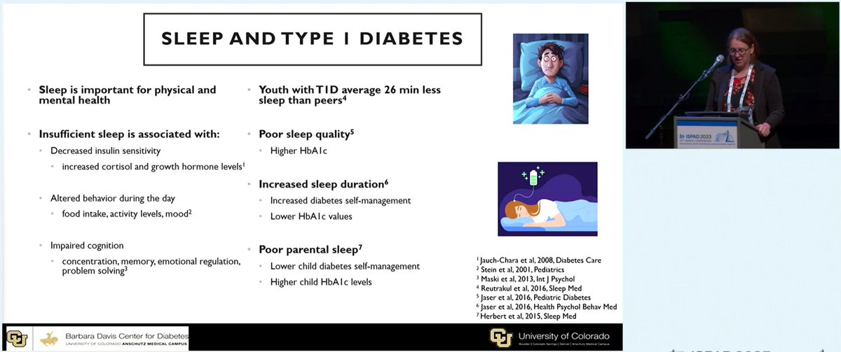PracticalDeeb's tweet image. Erin Cobry also talks about the problems interrupted sleep causes for people with diabetes and how even the interrupted sleep of carers can impact the child&apos;s health where, again, CGMs, pumps and looping can help #ISPAD2023 #dedoc