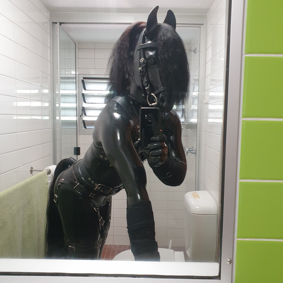 Look into my eyes, tell me how much you adore me, and I will make all your wildest equine desires come true.

#BDSM #Ponyplay #Ponyboy #latex #humanhorse