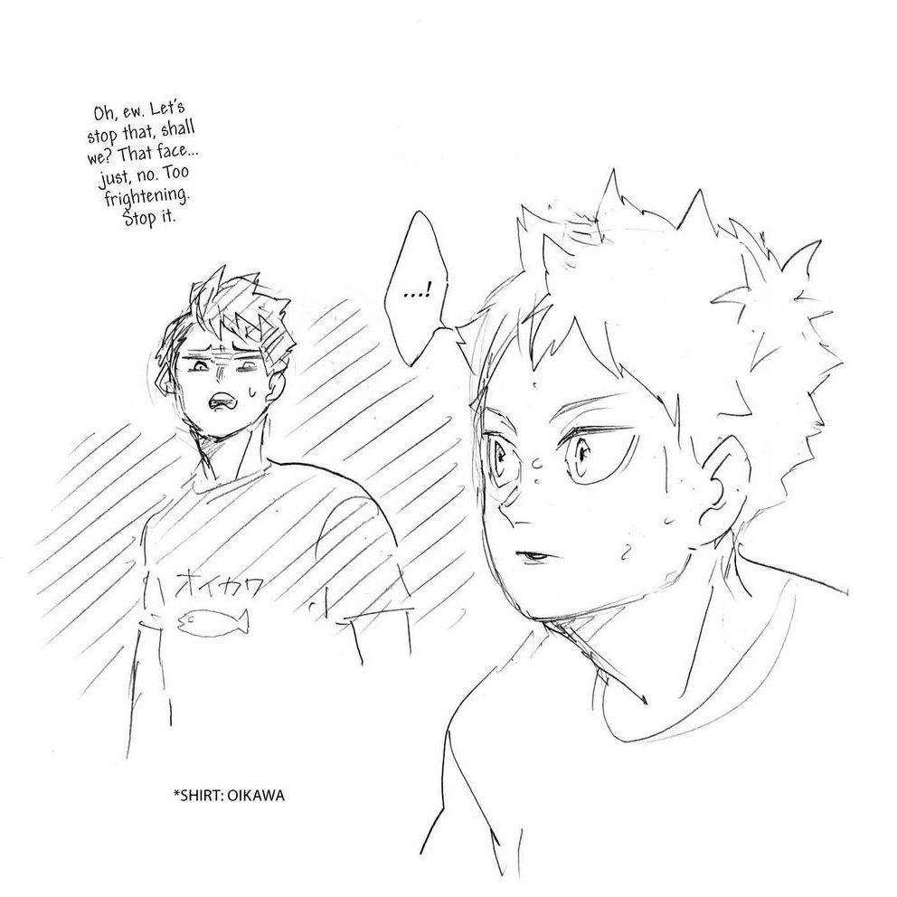 ieirihime's tweet photo. thinking about middle school iwachan proudly showing off the fish he found with oikawa's name then years later we see him in brazil wearing a tshirt with that same fish on it i'm gonna be sick i just know iwa gave that to him and he wears it all the time when he's away from home https://t.co/kerWsnhLUm