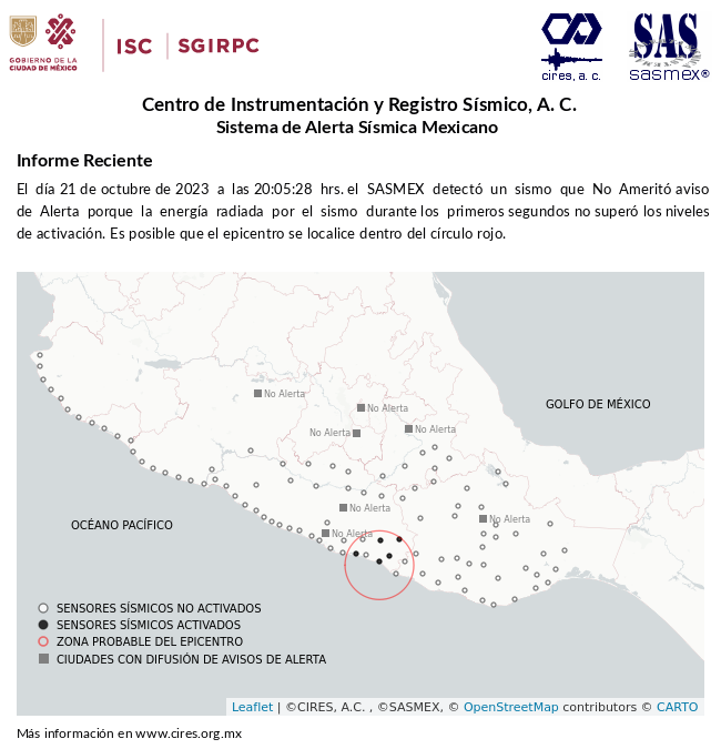SASMEX's tweet photo. Informe preliminar del #Sismo detectado el 21-oct-23 a las 20:05:28 hrs. Más información en https://t.co/kZhdi99iYY #TenemosSismo #LaPrevenciónEsNuestraFuerza https://t.co/EKefQzXKhn