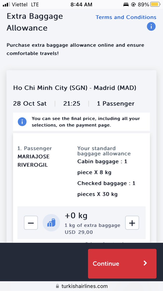 mriverogil's tweet photo. @TK_HelpDesk trying to purchase an extra piece of luggage. Website only allows to add extra kg but not buying an additional check in piece. Travel assistant is going in a loop. Can a human help please? https://t.co/EWtZVYAxMp