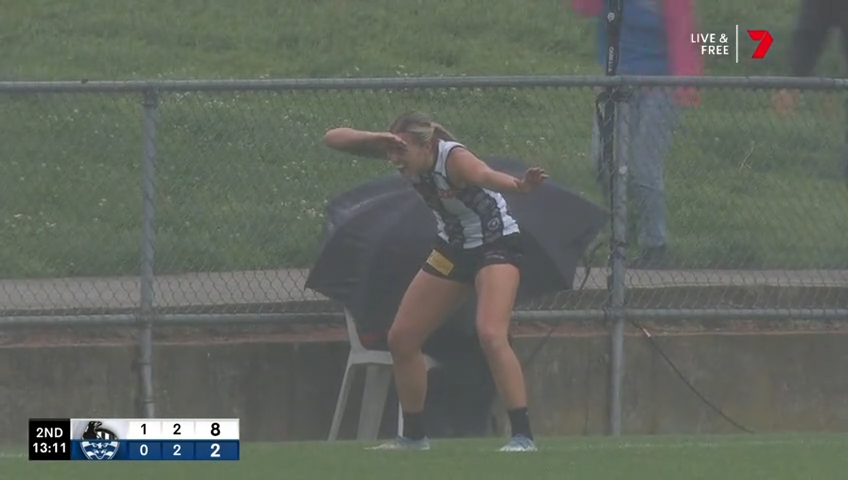 7AFL's tweet photo. Weather update: wet, windy, cold 🌧️
Thoughts are with @LibbyBirch18 on the boundary 🥲
#AFLWPiesCats https://t.co/FwT8naDN1H