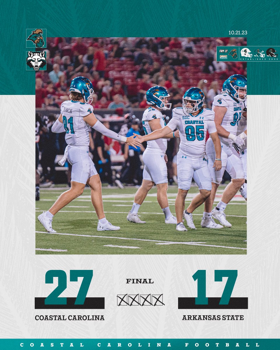 CoastalFootball's tweet photo. Leaving Jonesboro with a W!

#BALLATTHEBEACH | #FAM1LY | #TEALNATION https://t.co/LuwX2y1m1G