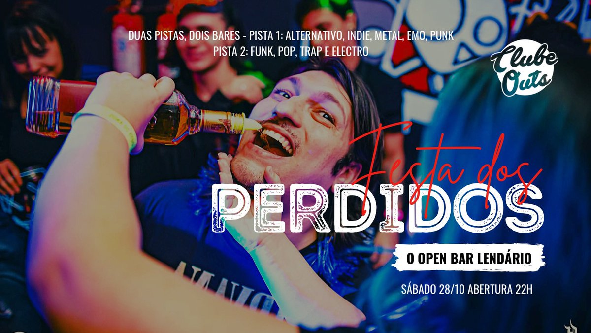 ClubeOuts's tweet photo. Sábado rola a FESTA DOS PERDIDOS, o OPEN BAR LENDÁRIO. Quer concorrer a um vip?

➡️ Siga nosso perfil 
➡️ Dê um retuíte 

Resultado no dia do evento. https://t.co/YzmDKKcd1Y