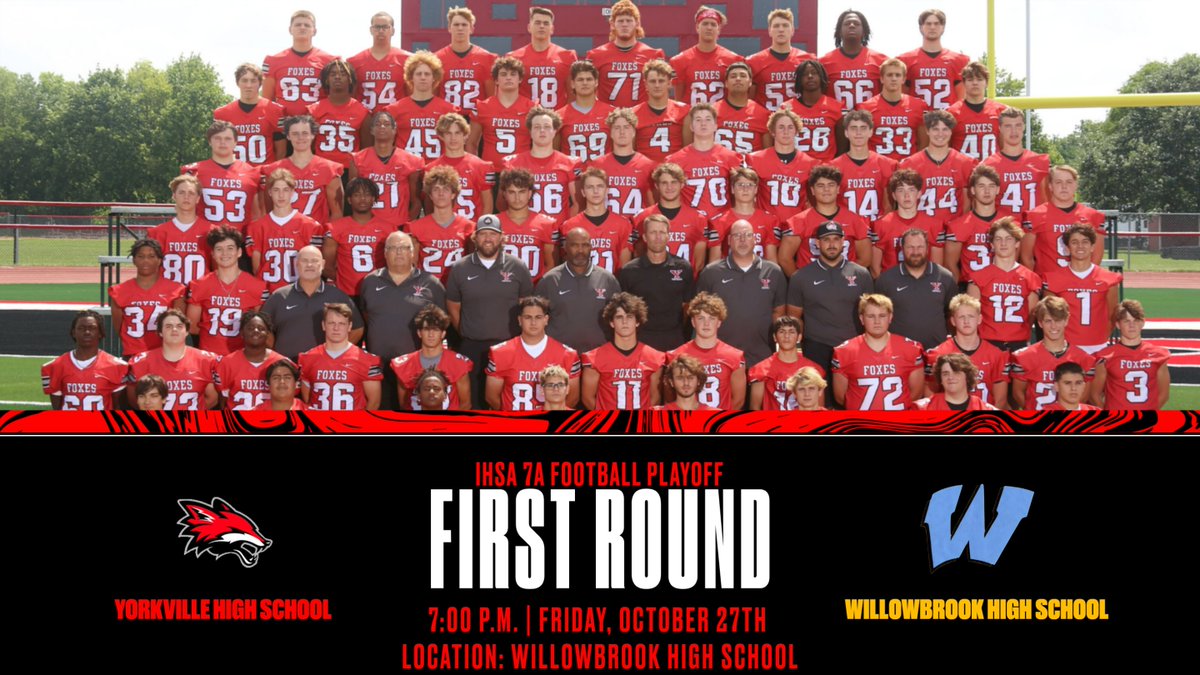The Foxes will travel to Willowbrook High School for the 1st Round of the IHSA 7A Playoffs. 

Date: Friday, Oct. 27
Time: 7:00 p.m. 

More information to be released next week. <a href="/CoachDanMcGuire/">Dan McGuire</a>
