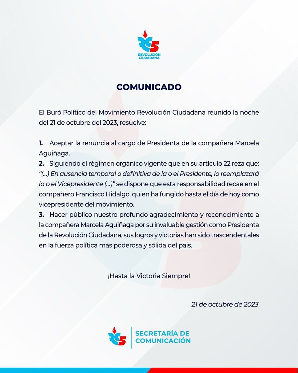 ecuainm_oficial's tweet photo. ‼️#URGENTE
Buró político de la @RC5Oficial designó a Francisco Hidalgo como presidente del movimiento tras la renuncia al cargo de Marcela Aguiñaga. Hidalgo ocupaba el cargo de vicepresidente de la organización. https://t.co/K8fkqL6nIL