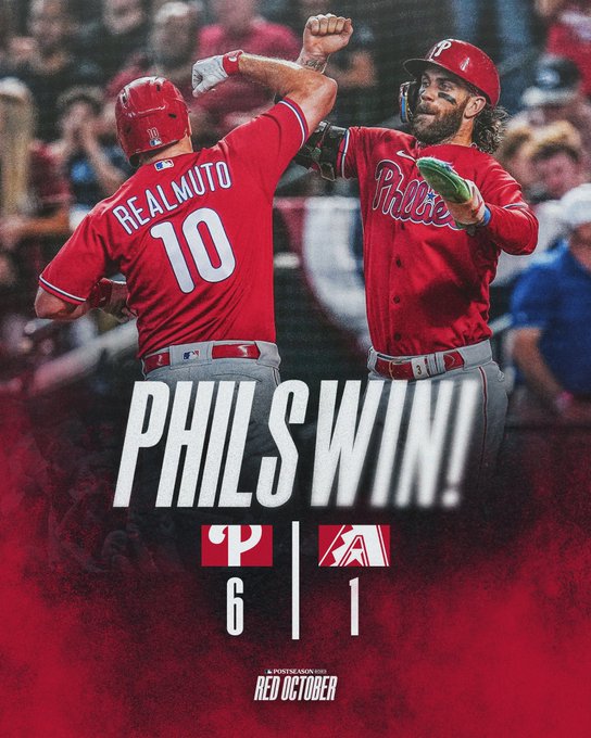 Phils win! Final Score graphic: Phillies 6, Diamondbacks 1. Photo is of J.T. Realmuto and Bryce Harper celebrating after Realmuto’s home run. They’re wearing the red Phillies jersey and grey pants.