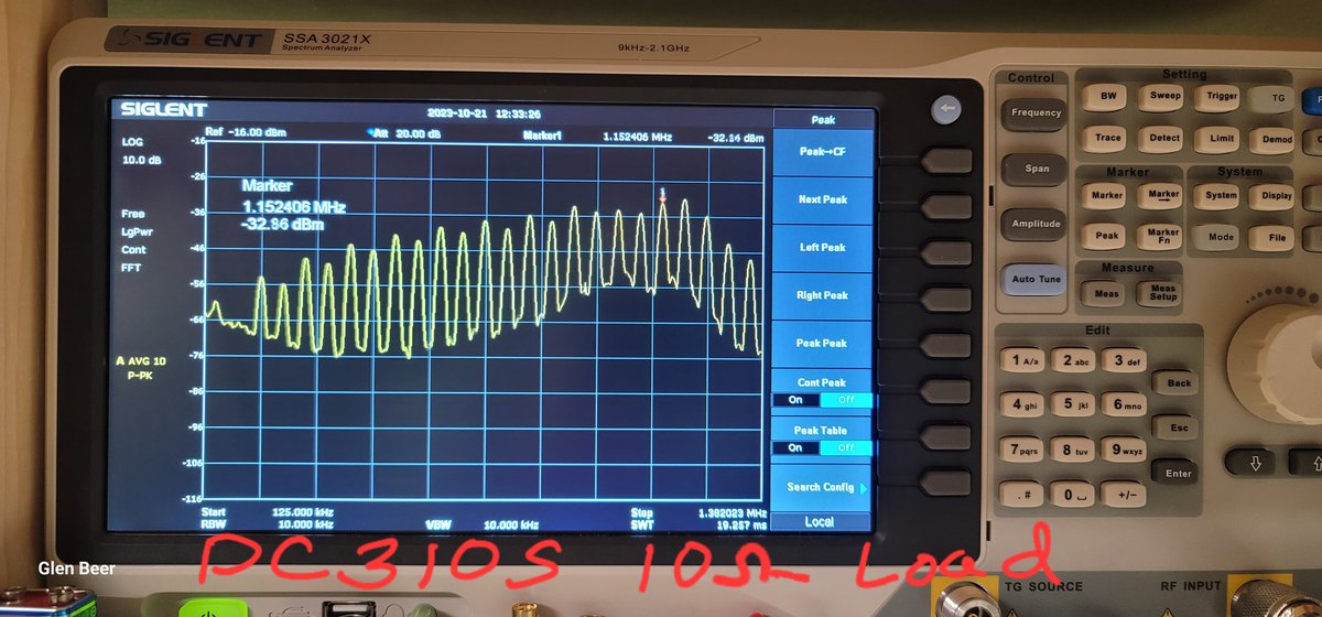 glenbeer's tweet photo. I've been having weird issues with circuits powered by the #KiPrim DC power supply and decided to check on spectrum analyzer.
50ohm term on the scope and 20dbm attenuation on the Siglent. Most of the noise is harmonics above 1Mhz. https://t.co/qIsIIYRyXR