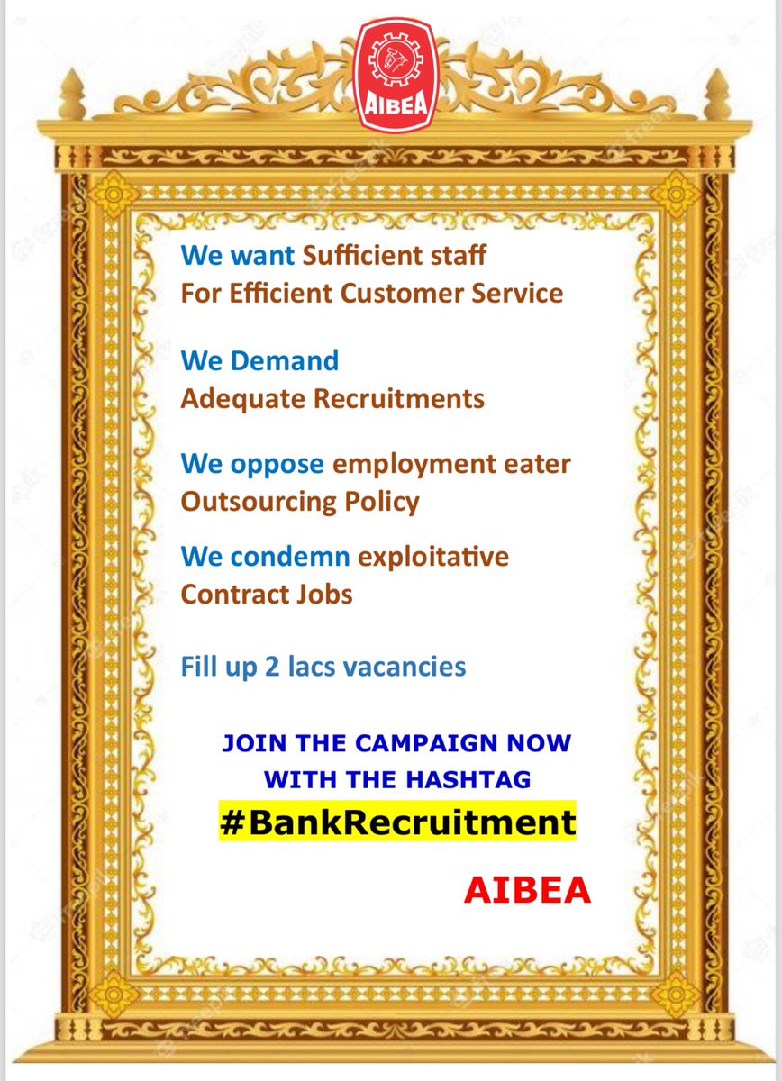 *We want Sufficient staff
For Efficient Customer Service

*We Demand
Adequate Recruitments

*We oppose employment eater Outsourcing Policy

*We condemn exploitative
Contract Jobs

*Fill up 2 lacs vacancies

#BankRecruitment