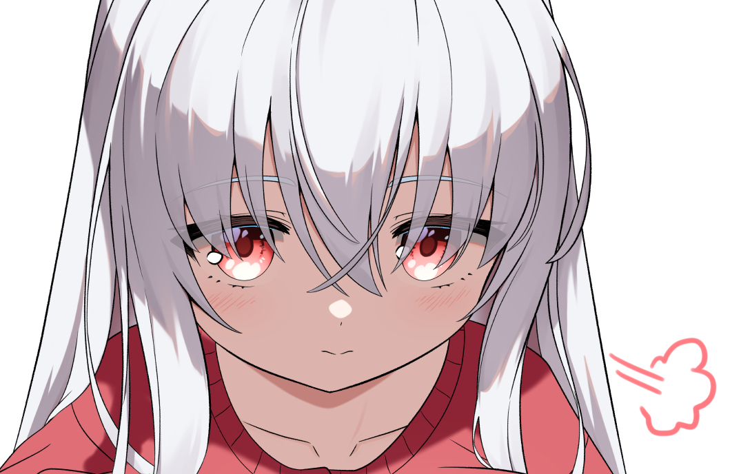 1girl solo white background red eyes looking at viewer white hair red sweater  illustration images