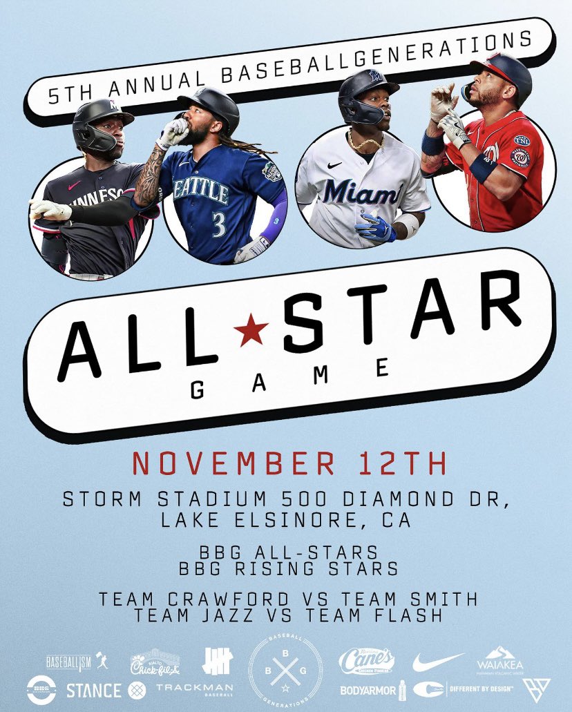 5th Annual BBG All-Star Game Schedule‼️ 
November 11th- 
San Manuel Stadium
San Bernardino, CA 
-Batting practice/Media Day 

November 12th- 
Storm Stadium 
Lake Elsinore, CA 
-5th Annual BBG All-Star Game 
-Team Crawford vs Team Smith 
-Team Jazz vs Team Flash 
-Home run Derby