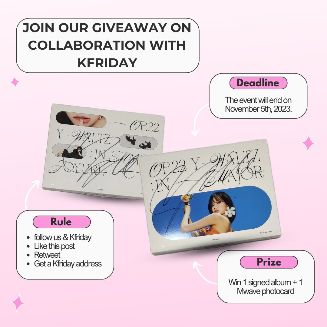 [🎁] #kfriday Album Giveaway

Glassys! In celebration of Yuri’s birthday, we’re teaming up with <a href="/kfridayofficial/">Kfriday: Korea Proxy</a> for an amazing giveaway! 6 lucky winners will win a SIGNED Jo Yuri album &amp; an exclusive Mwave photocard! 🎶

Here’s how to enter:
1️⃣ FOLLOW <a href="/JYRbase/">Jo Yuri Base</a> &amp; <a href="/kfridayofficial/">Kfriday: Korea Proxy</a>