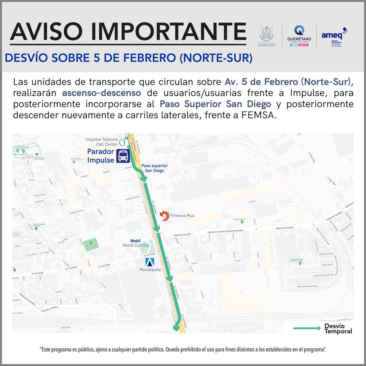 AMEQueretaro's tweet photo. Conoce las modificaciones de ascenso y descenso del transporte en Av. 5 de Febrero y toma tus precauciones.
Además, se mantendrán desvíos en las rutas 54, 55, 96, 134 y T04.
¡Gracias por tu comprensión! Recuerda que los desvíos son temporales, pero las mejoras serán permanentes. https://t.co/PzB469kX7i